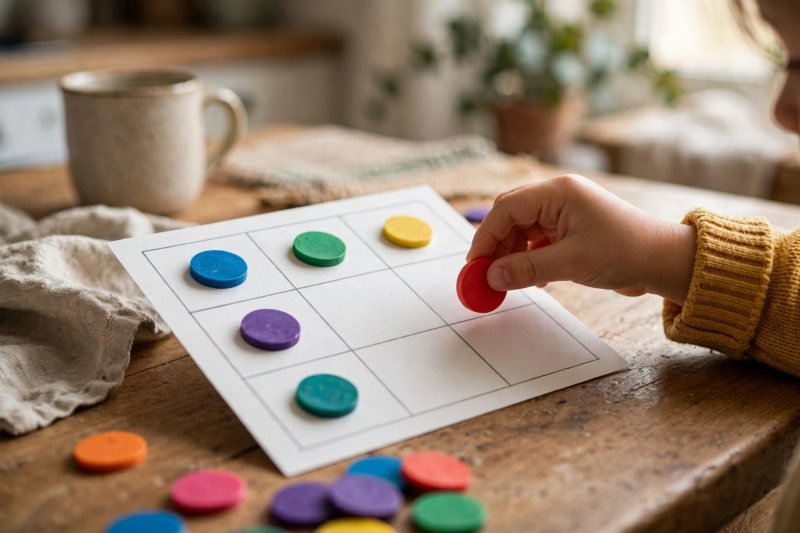 Bingo card angled on a table with colored chips covering squares