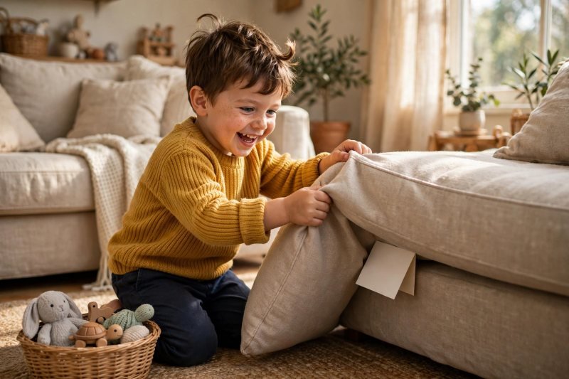 Child finding a folded blank card hidden behind a cushion