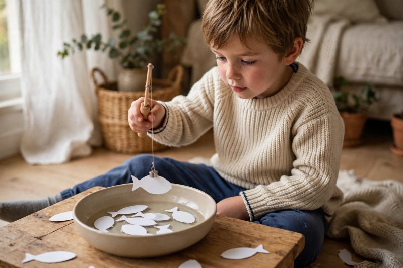 Toy magnet fishing over a bowl of blank paper fish cards