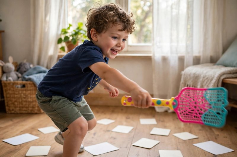 Fly swatter reaching toward blank word cards on the floor