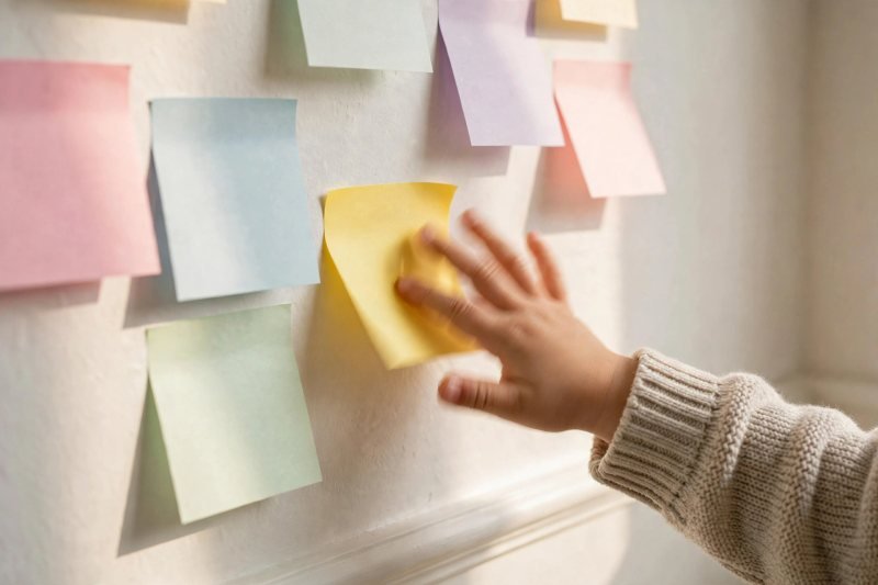 Small hand slapping a blank sticky note on a wall