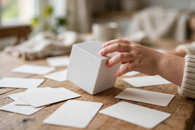 Child rolling a die beside blank word cards on a table