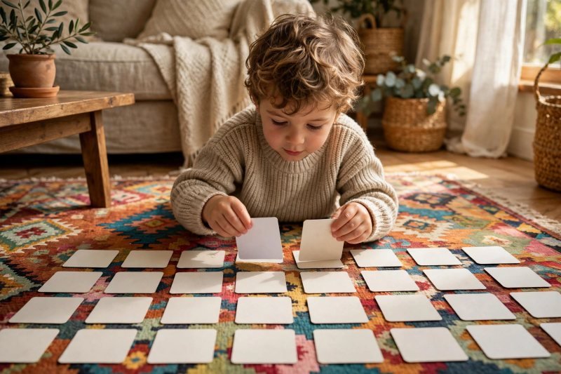 Child flipping two blank cards face down in a matching game