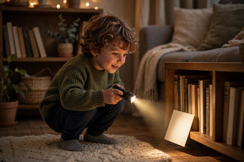 Torch beam finding word cards in a dim cozy room