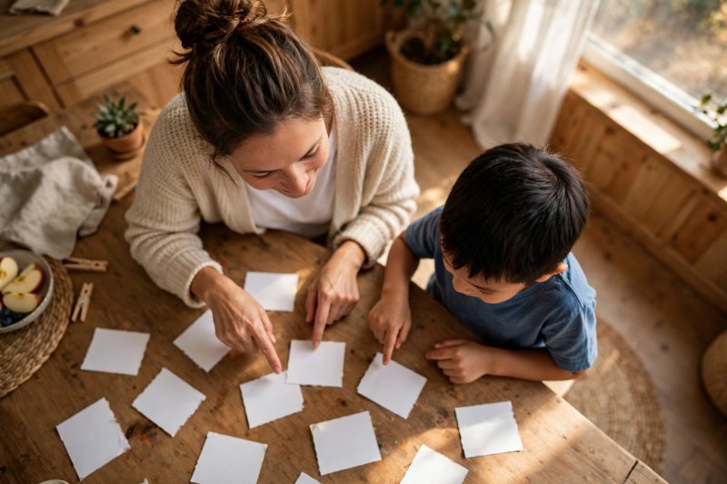 A parent and five-year-old pointing together at homemade word cards on a table
