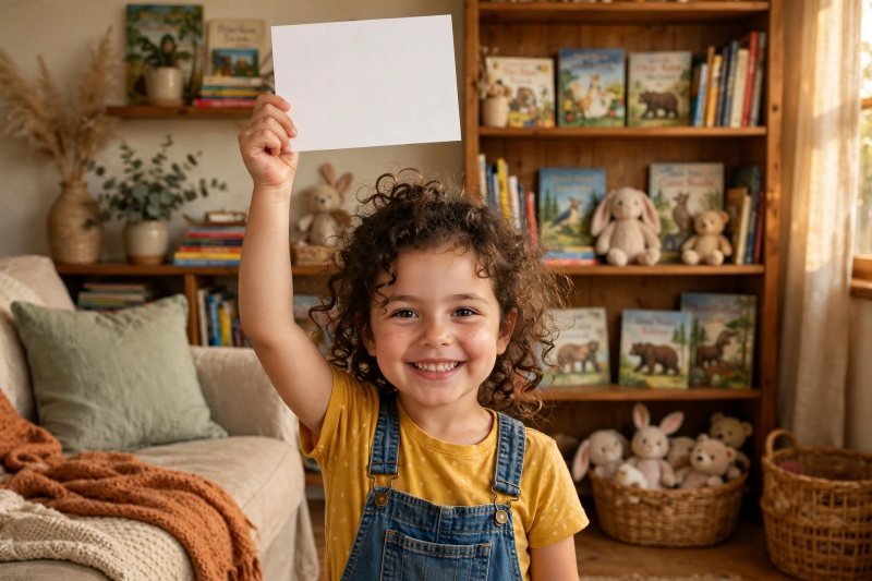 A five-year-old triumphantly holding a blank card above their head like a trophy