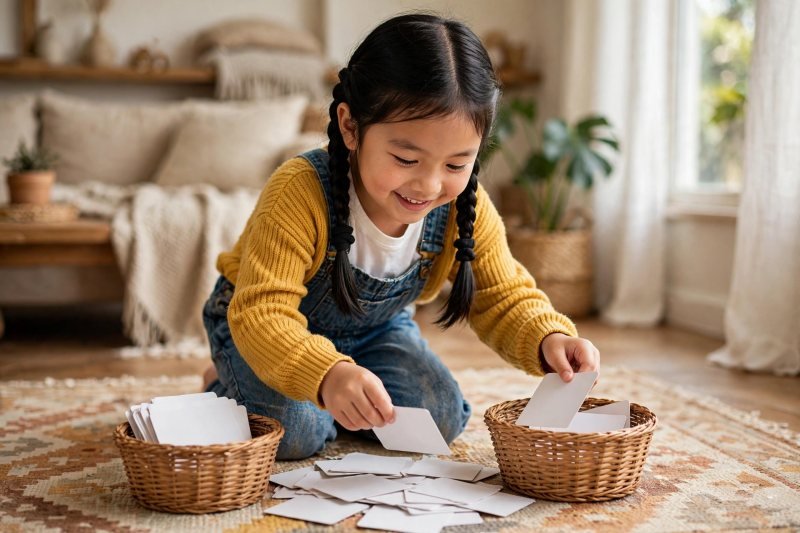 A six-year-old girl sorting blank cards into two small baskets on a rug
