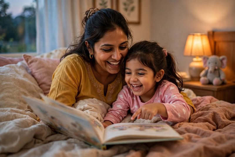 A parent and child curled on a bed with a picture book at bedtime