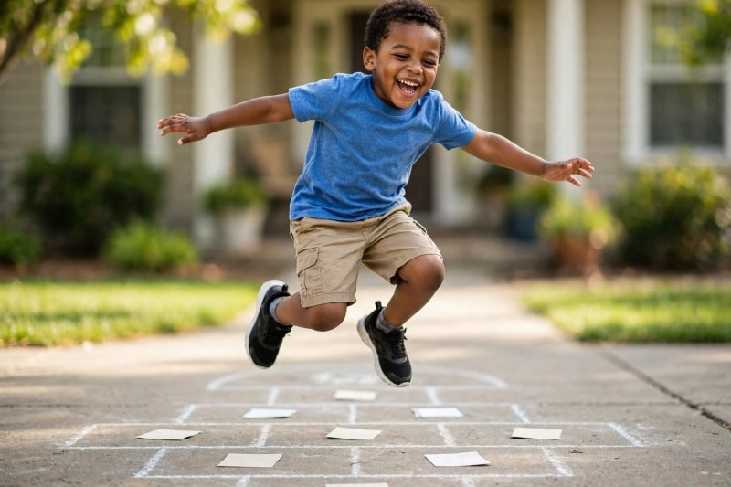 A five-year-old boy mid-hop playing word hopscotch on a sunny pavement