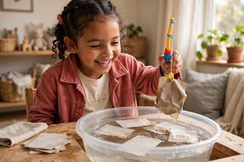 A child fishing paper cards from a bowl with a toy magnetic fishing rod