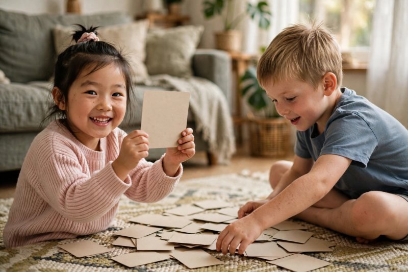 Two children playing a card-matching game on a living-room floor