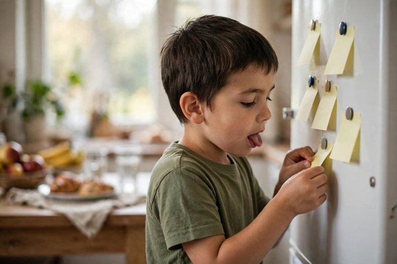 A six-year-old sticking blank sticky notes on a fridge door in morning sun