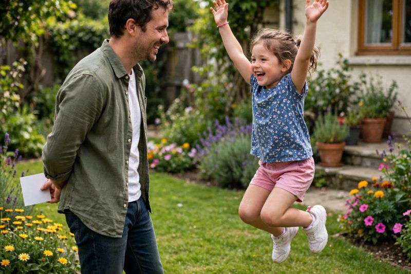 A child mid-jump with arms up playing an action word game in a garden