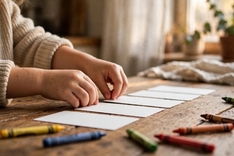 Close-up of small hands arranging blank word cards in a row on a wooden table