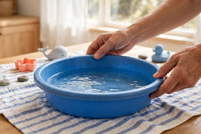 Adult hands placing a shallow blue tub of water onto a striped towel