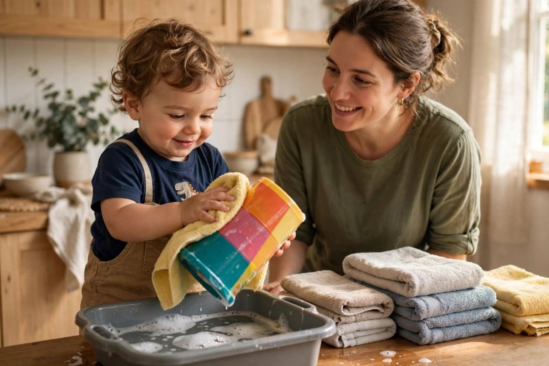 Toddler drying a colorful plastic cup with a towel beside his smiling mom