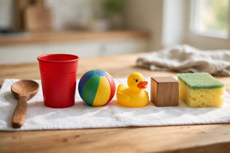 Big household objects lined up on a towel: wooden spoon, red cup, ball, duck, block