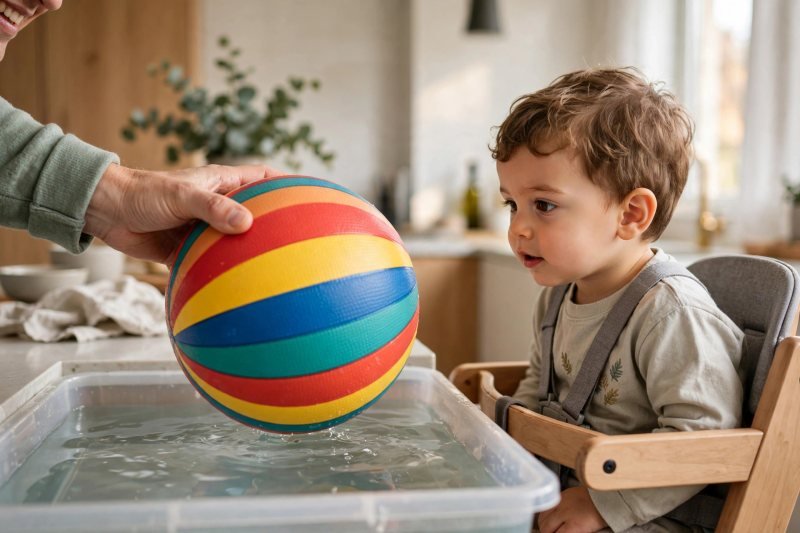 Parent lowering a colorful striped ball into a water tub as a toddler watches
