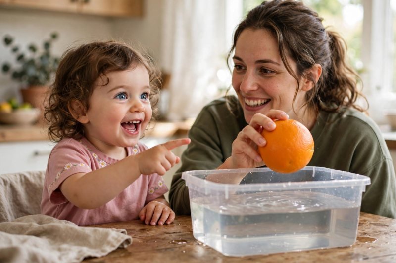 Toddler girl pointing at an orange held above a water tub during the prediction game
