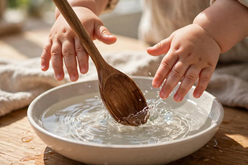Toddler hands dropping a large wooden spoon into a shallow bowl of rippling water