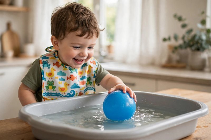 Smiling 2-year-old in a splash bib pushing a blue ball floating in a water tub