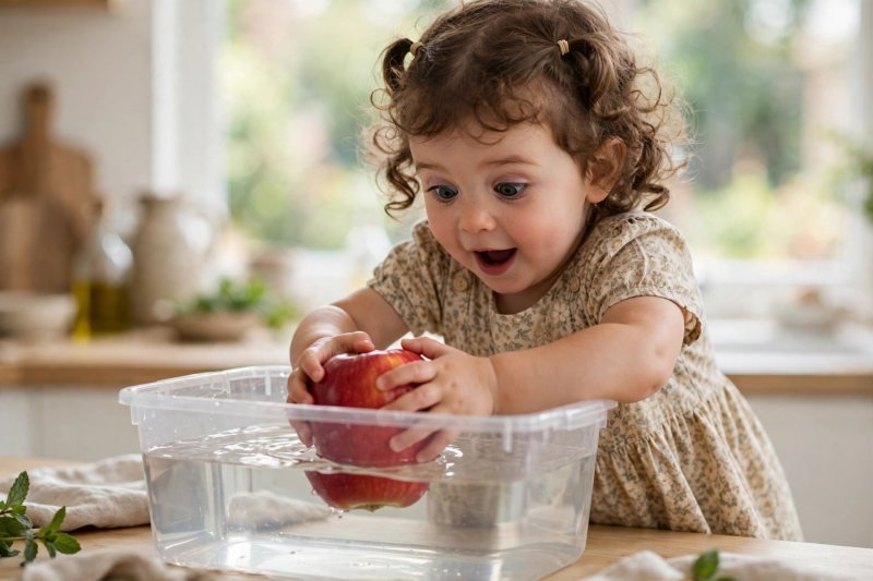 Toddler girl watches in surprise as a big red apple floats in a water tub