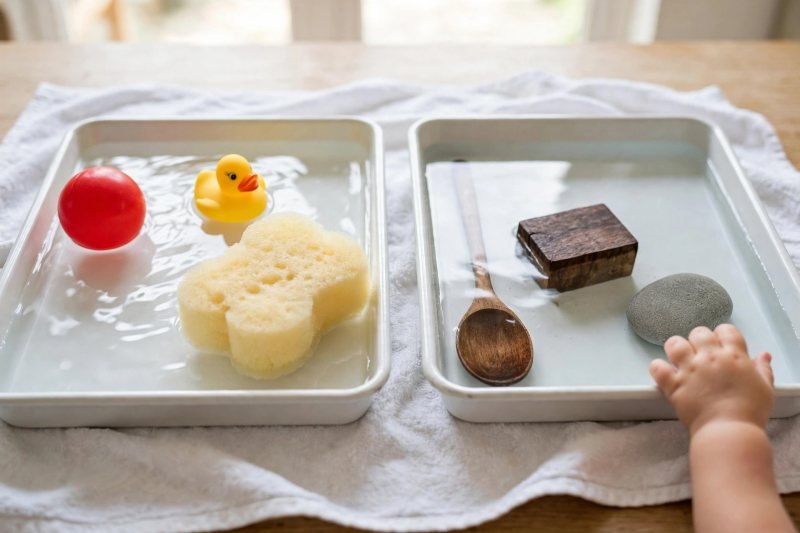 Two trays on a towel separating floaters like a duck from sunk objects