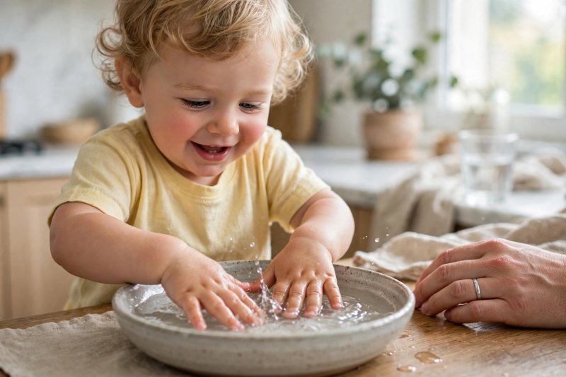 A happy toddler patting the surface of water in a shallow bowl with both hands