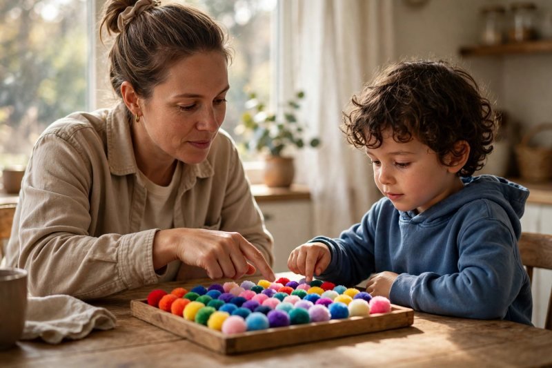 Parent and child counting pom-pom counters lined on a tray at a kitchen table