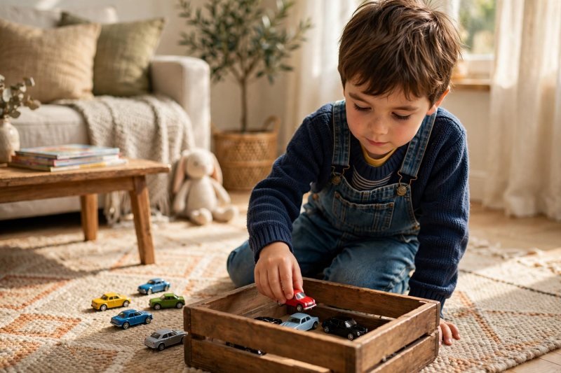 A kindergartner placing toy cars into a toy box while counting what remains