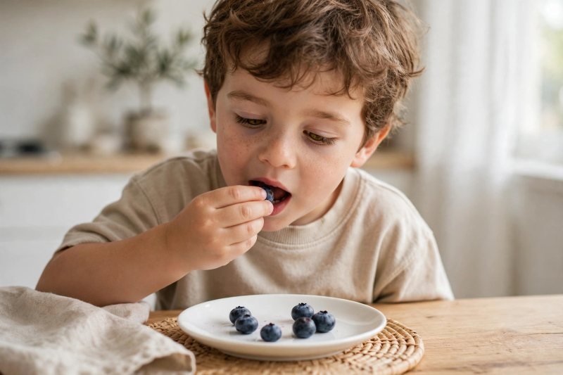 A kindergartner eating blueberries from a small plate for hands-on snack subtraction math