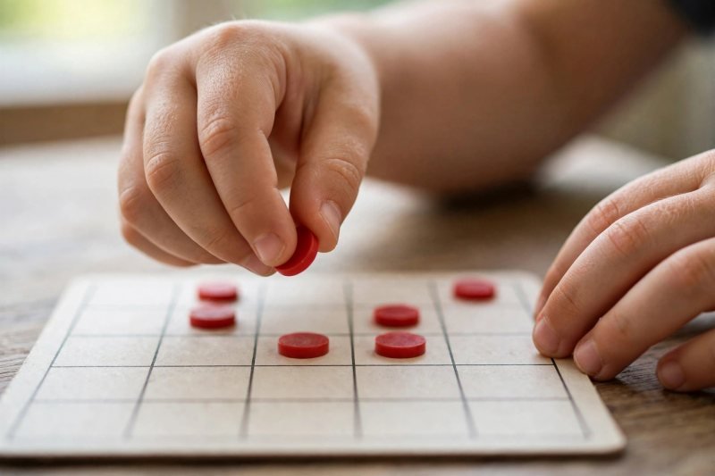 Child's hands lifting red counters off a ten-frame card during a subtraction activity