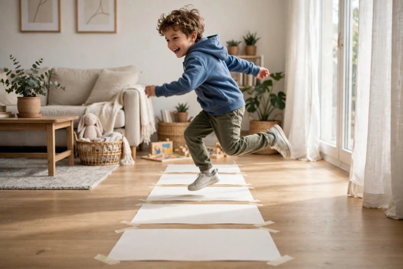 A young child hopping backward along paper squares taped to a living room floor