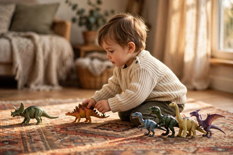 A child arranging toy dinosaurs on a rug, moving two away for a subtraction story