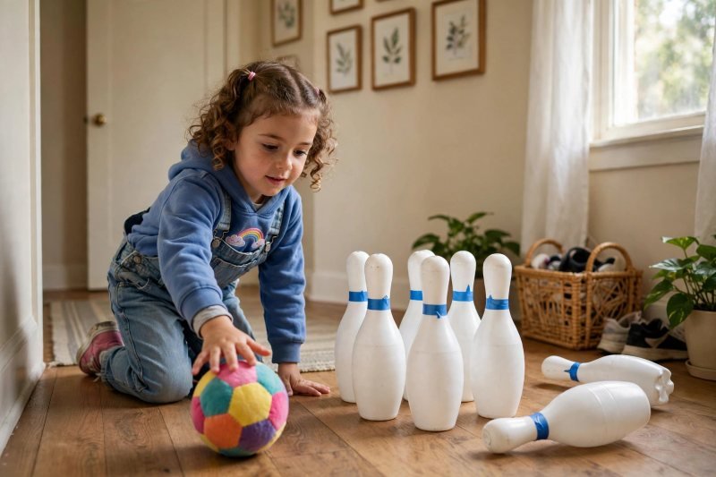 A five-year-old rolling a soft ball toward plastic bottle bowling pins indoors