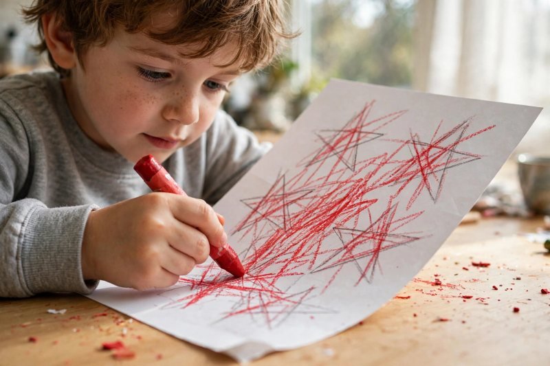 A child crossing out drawn stars with a chunky crayon on white paper