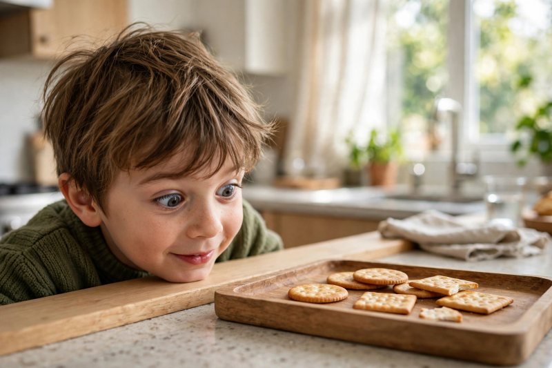 A curious child peeking at a tray of crackers, spotting which snacks went missing