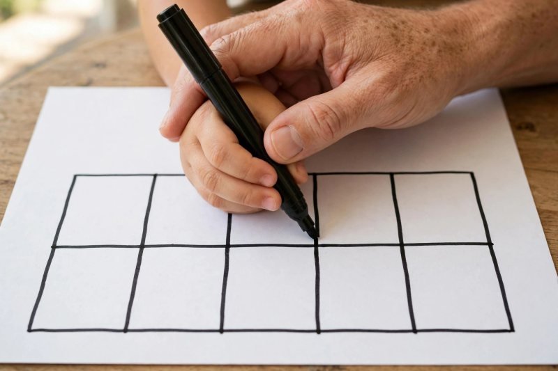 Parent guiding a child's hand drawing a blank ten frame grid with a marker