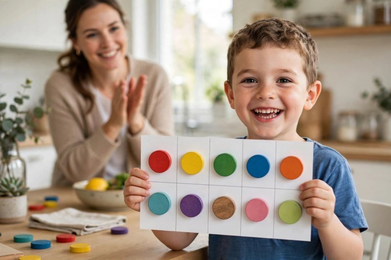 Proud boy holding up a completed ten frame while his mother applauds
