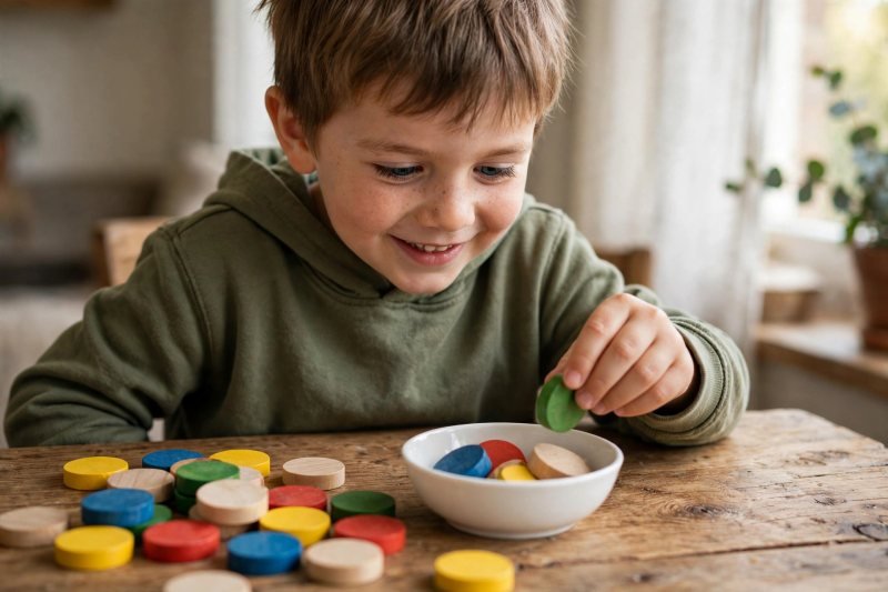 Smiling five-year-old boy counting colorful wooden counters into a white bowl