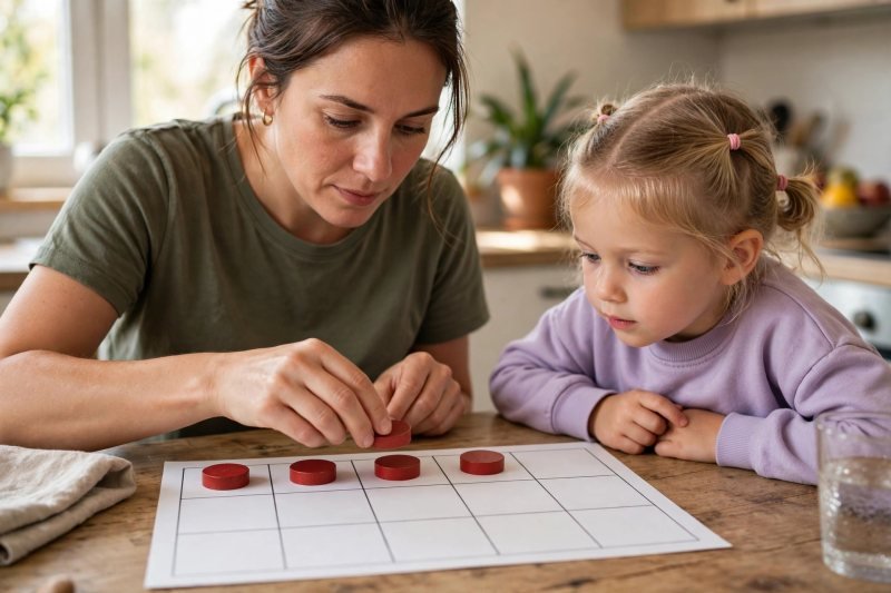 Mother filling a paper ten frame with red counters while her daughter watches
