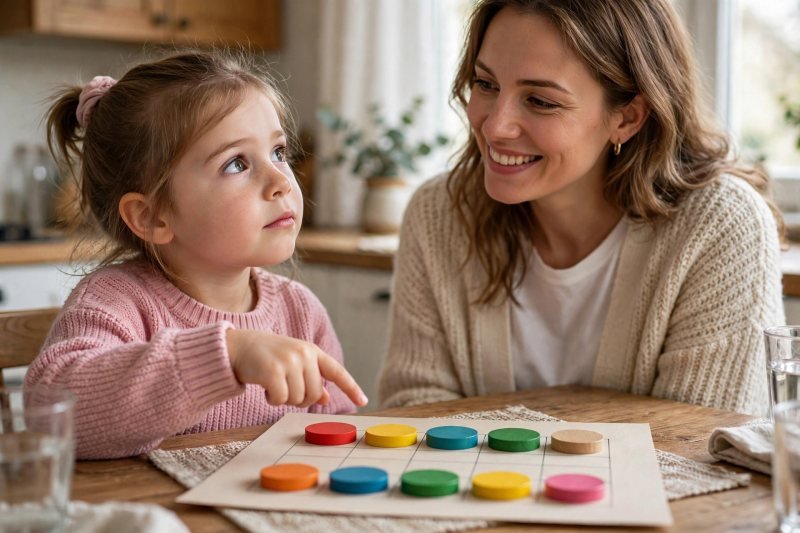 Young girl studying a filled ten frame of colorful counters without counting