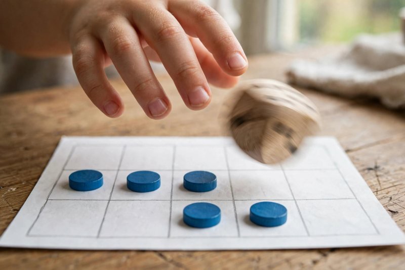 Child's hand rolling a blurred wooden die beside a ten frame with blue counters
