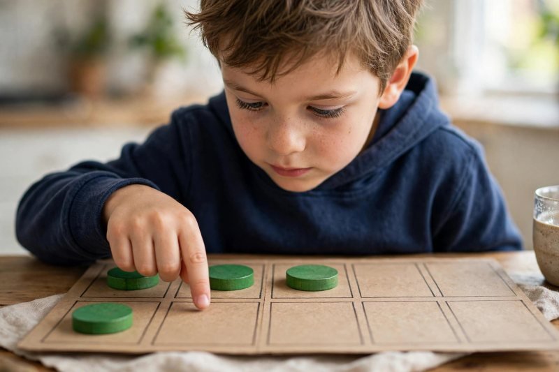 Boy touching empty boxes of a half-filled ten frame while counting spaces