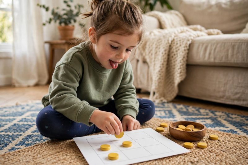 Concentrating girl placing yellow counters into a ten frame on a rug