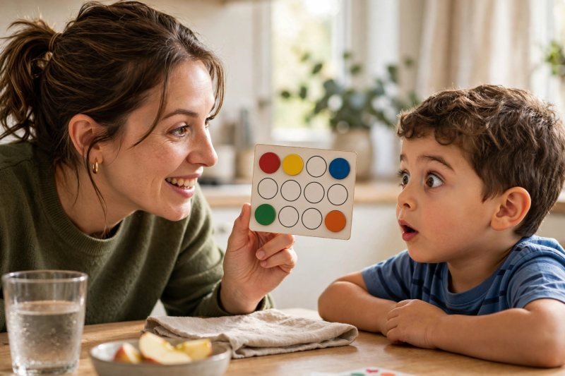 Mother flashing a half-filled ten frame card for her son's quick-look game