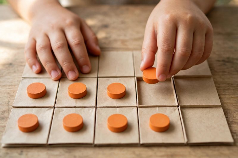 Child's hands adding final orange counters to complete a ten frame