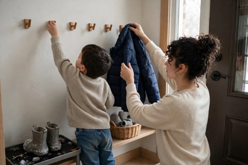 Toddler reaching for a hook as mother hangs coat