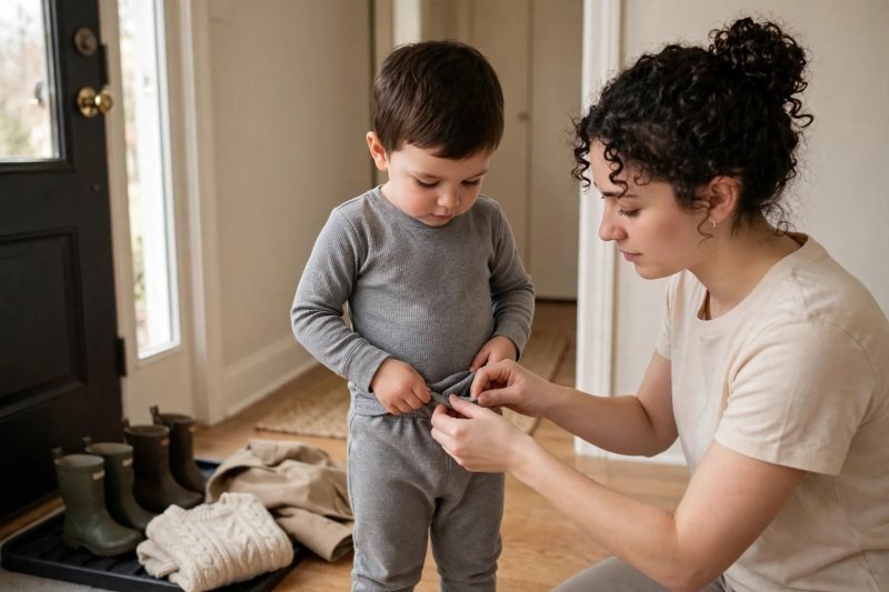 Mother tucking a toddler's thermal base top into his waistband