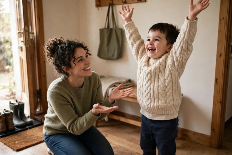 Toddler stretching arms overhead in a chunky cable-knit sweater